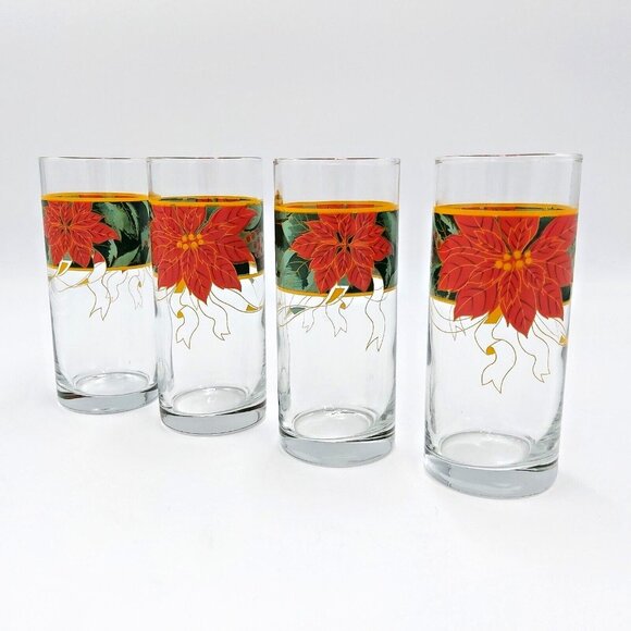 Christmas Tumblers Poinsettia Design - 12.5oz Glasses - Set of 4 - Vintage - Picture 4 of 5